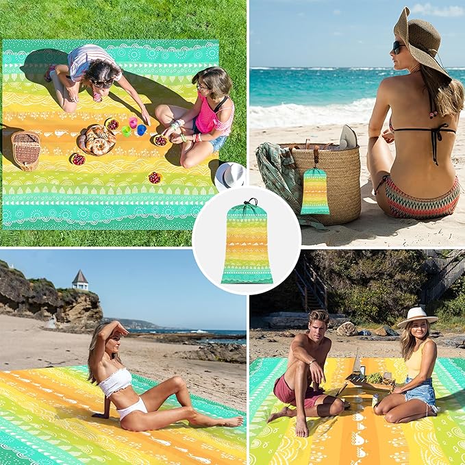 Beach Blanket Waterproof Sandproof, Picnic Blankets with Stakes and Sand Pockets, Lightweight Quick Drying, Large Portable Beach Mat Vacation Essentials for Outdoors, Camping, Trips-Green Sea Waves