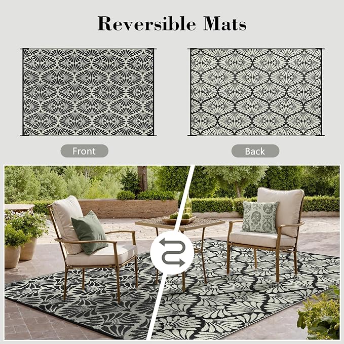 Lahome Outdoor Rug Patio Waterproof 6x9, Black Outdoor Plastic Straw Rug for Porch, Portable Lightweight Mats for Backyard Garden Deck Camping Outside, Black White,6'x9'