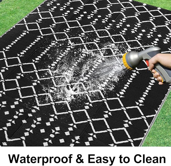 Smiry Outdoor Rug 5x8 ft, Waterproof Reversible Plastic Straw Rugs, Boho Outdoor Area Rug, Outside Floor Mat for Patio, Backyard, Deck, Picnic, Beach, Camping, Black