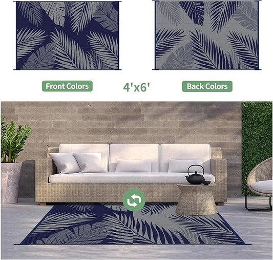 GENIMO Outdoor Rug 4' x 6' Waterproof for Patios Clearance, Reversible Outdoor Plastic Straw Camping Rug Carpet, Large Area Rugs Mats for RV, Camper, Deck, Balcony, Porch, Beach, Picnic Navy Blue&Grey