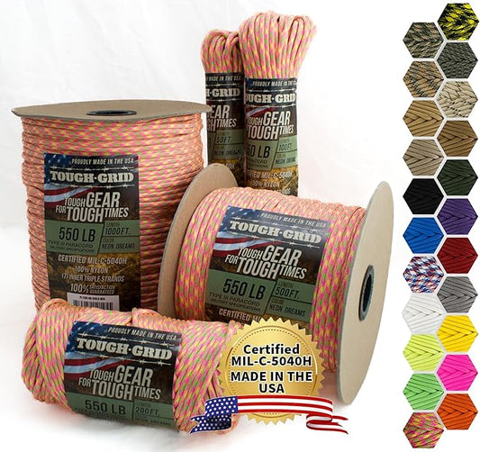 TOUGH-GRID Premium Neon Dreams Paracord 550 lbs Made in USA Outdoor Survival Nylon Rope Tactical Heavy Duty Strands Parachute Cord Used by US Military Type III Mil-Spec