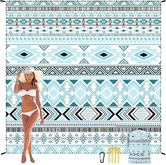 Beach Blanket, Sandproof Beach Mat, Waterproof Quick Drying Lightweight Outdoor Aztec Picnic Mat 79" X 83" for 2-4 Adults with Pocket for Travel, Camping, Hiking