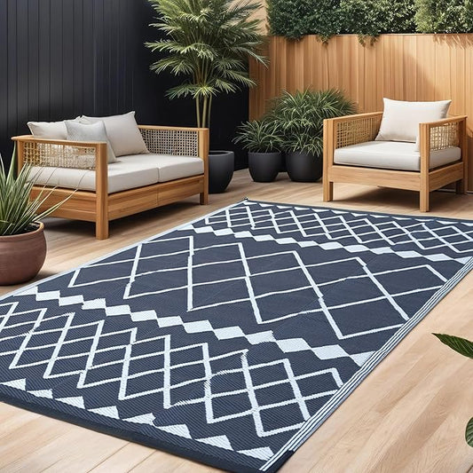 Outdoor Rugs 8x10 for Patios Clearance,Waterproof Mats for Camping,Porch,RV, Portable Plastic Straw Area Rugs Carpet for Picnic,Reversible,Black and White