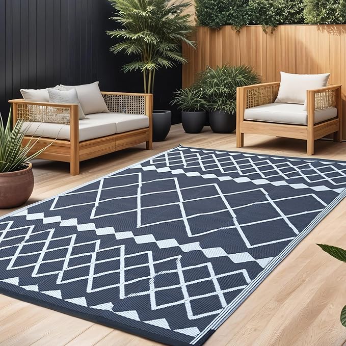 RURALITY Outdoor Rug 5x8 for Patios,Plastic Straw Waterproof Mats for Camping,Porch,RV,Picnic,Reversible,Geometric
