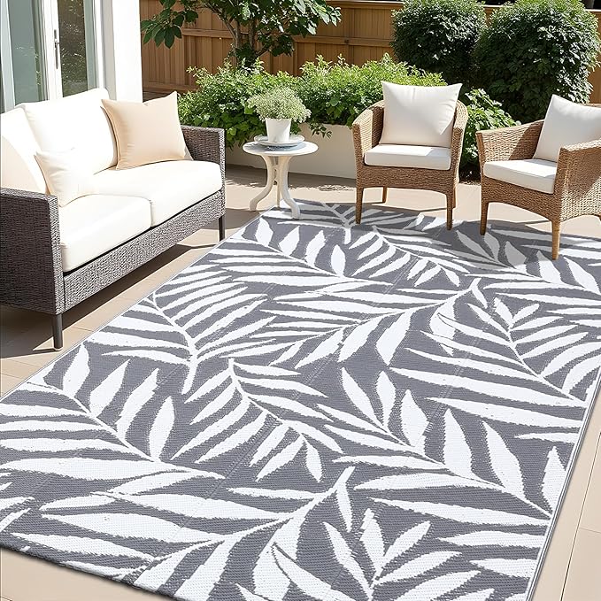 OLANLY Waterproof Outdoor Rug 5x8 ft, Reversible Outdoor Plastic Straw Rug with Leaf Pattern, RV Mat, Indoor Outdoor Carpet for Patio, Camping, Balcony, Deck, Backyard, Grey & White