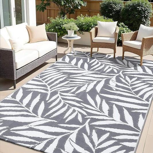 OLANLY Waterproof Outdoor Rug 5x8 ft, Reversible Outdoor Plastic Straw Rug with Leaf Pattern, RV Mat, Indoor Outdoor Carpet for Patio, Camping, Balcony, Deck, Backyard, Grey & White