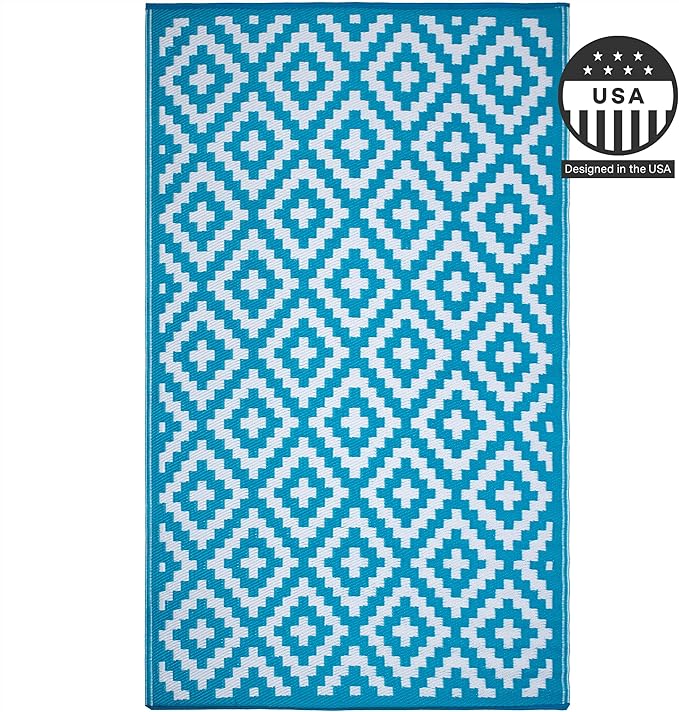 FH Home Outdoor Camping Rug - Waterproof, Fade Resistant, Reversible - Premium Recycled Plastic - Geometric - Large Patio, Deck, Sunroom, RV - Aztec - Teal & White - 9 x 12 ft Foldable