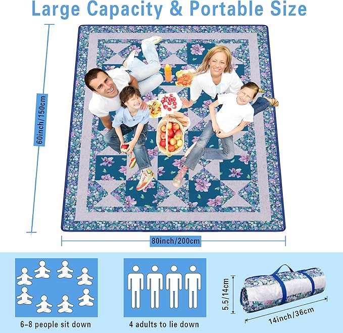 Extra Large Picnic Blankets Waterproof Foldable (60"x 80") Beach Blanket Waterproof Sandproof,3-Layer Thicking Mat Outdoor Packable Camping Blanket