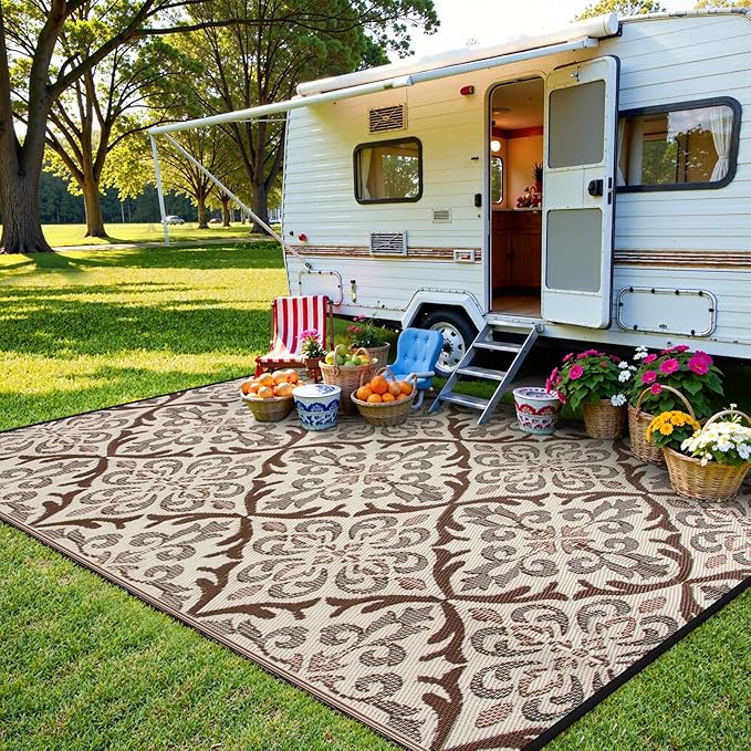 Lahome Outdoor Area Rugs 8x10 Patio Waterproof, Reversible Plastic Straw Rv Outdoor Rugs for Camping, Large Indoor Outdoor Carpet for Porch Deck Backyard Camper Picnic, Khaki 8'x10'