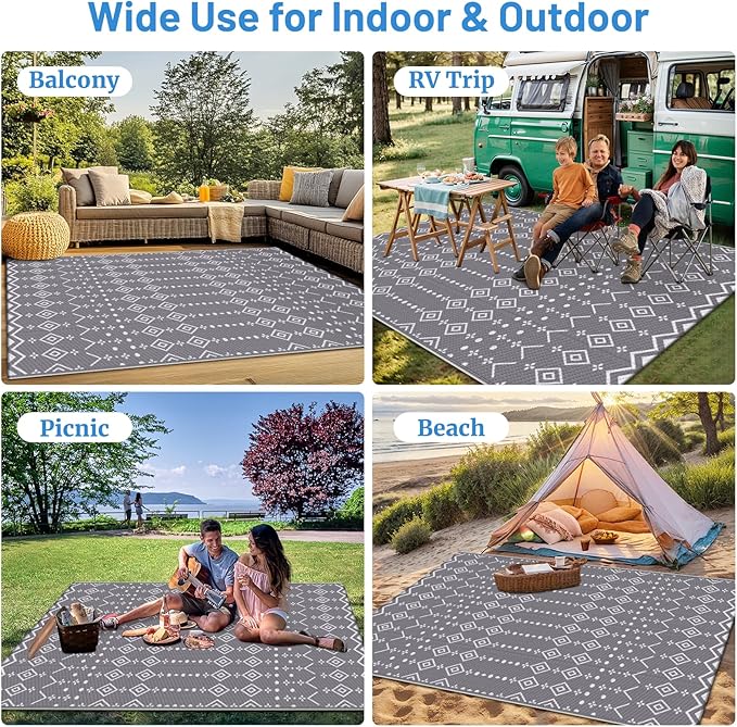 StepRite 6’ x 9’ Reversible Outdoor Rug, Waterproof Plastic Straw Rug, Patio Rug, Large Modern Area Rug Carpet, Indoor Outdoor Rugs for Camping, Porch, Deck, Balcony, Backyard, RV, Picnic(Grey)