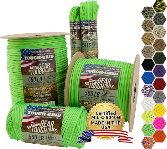 TOUGH-GRID Premium Neon Green Paracord 550 lbs Made in USA Outdoor Survival Nylon Rope Tactical Heavy Duty Strands Parachute Cord Used by US Military Type III Mil-Spec