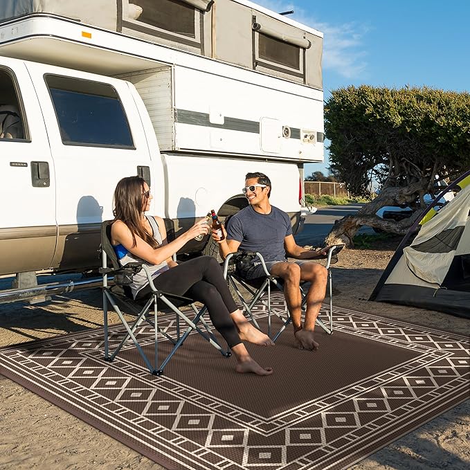 GENIMO Outdoor Rug Waterproof for Patio Decor, 10'x10' Foldable Reversible Plastic Straw Carpet, Outside Area Mat for Rv, Deck, Picnic, Porch, Camper, Balcony, Beach, Coffee & Beige
