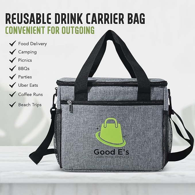 Good E’s Reusable 6 Cups Insulated Beverage Bag, Portable Cooler Tote with 5 Divider, Shoulder Strap & Side Pockets, Drink Caddy Cup Holder Carrier for Delivery Travel, Insulated Picnic Bag (6 Cups)