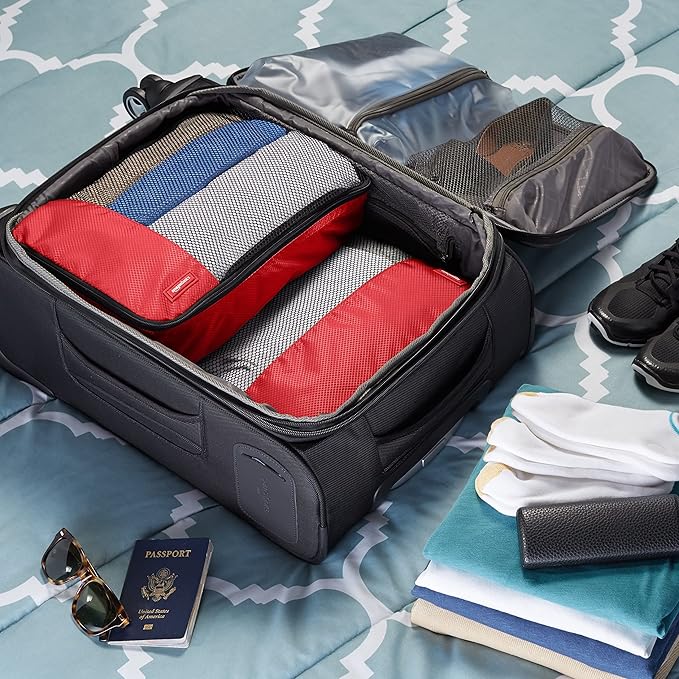 Amazon Basics Packing Cubes for Travel, Packing Organizers Set, 4-Piece-Set (2 Medium And 2 Large) With Double Zipper Pulls and Mesh Top Panel, 100% Durable Polyester, Red