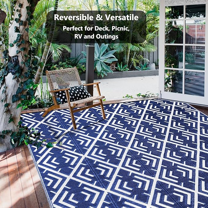 Outdoor Plastic Straw Rug, Waterproof Outdoor Rugs for Patios Clearance, Reversible Area Rug, Large Outside Carpet for Camping, Balcony, RV, Deck, Picnic, Beach (6x9ft Boho/Blue&White)