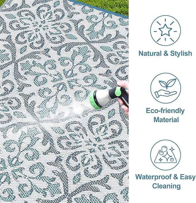 Lahome Waterproof Outdoor Plastic Straw Rug 5x8 Outside Carpet Waterproof Camping Mats Rugs, Reversible Floral Design Patio Rug for Porch Backyard Balcony Deck, Blue & White