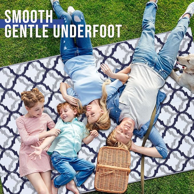 OLANLY Reversible Outdoor Rug 5x8 ft Clearance, Waterproof Outdoor Plastic Straw Rug with Interlacing Pattern, RV Mat for Patio, Camping, Balcony, Deck, Backyard, Navy & White