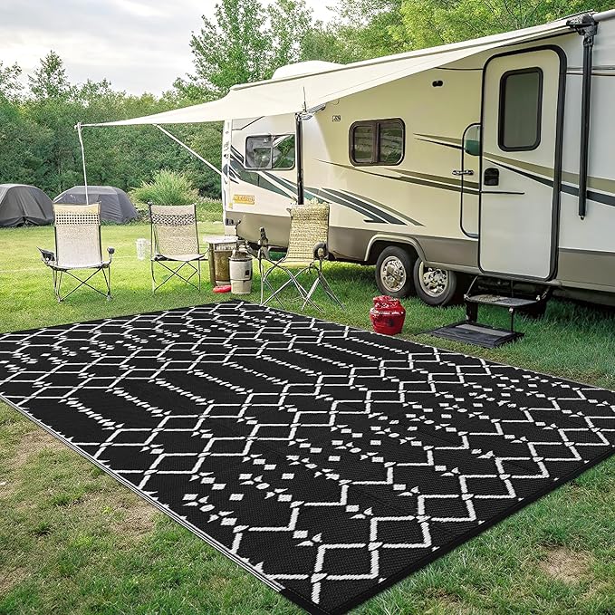 Smiry Outdoor Rug 8x10 ft, Waterproof Reversible Plastic Straw Rugs, Boho Outdoor Area Rug, Outside Floor Mat for Patio, Backyard, Deck, Picnic, Beach, Camping, Black