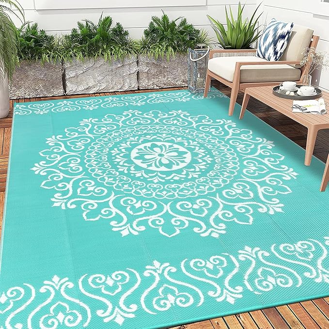 Pauwer Waterproof Outdoor Rug 6x9, Reversible Plastic Straw Patio Camping Rug, Indoor Outdoor RV Mat Carpet for Deck, Camper, Porch, Balcony, Backyard, Picnic, Floral Light Blue