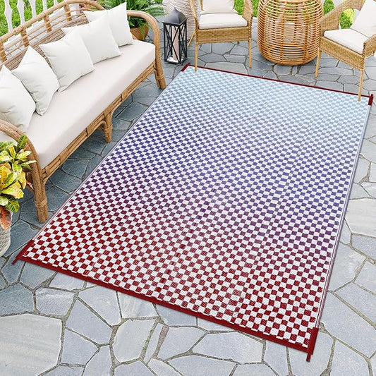 Wonnitar Waterproof Outdoor Rug 6x9 - Blue Purple Gradient Checkered Camping Plastic Straw Rug, Reversible Outside Mat for Patio RV Backyard, Lightweight Portable Deck Carpet