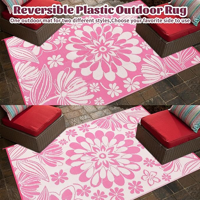Ileading Outdoor Plastic Straw Rug 5x8ft Funny Floral Style Reversible Patio Area Rugs Waterproof Non Shedding Portable Carpets for Rv Outside Deck Pool Beach Picnic Camping (Pink)