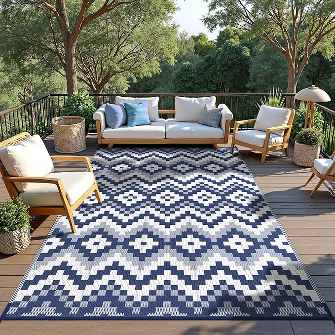 GENIMO Outdoor Rug Waterproof 6x9 ft, Lightweight Plastic Straw Rugs, Outside Reversible Area Mat Carpet for Patio, Camping, RV, Deck, Balcony, Porch, Backyard, Blue & White