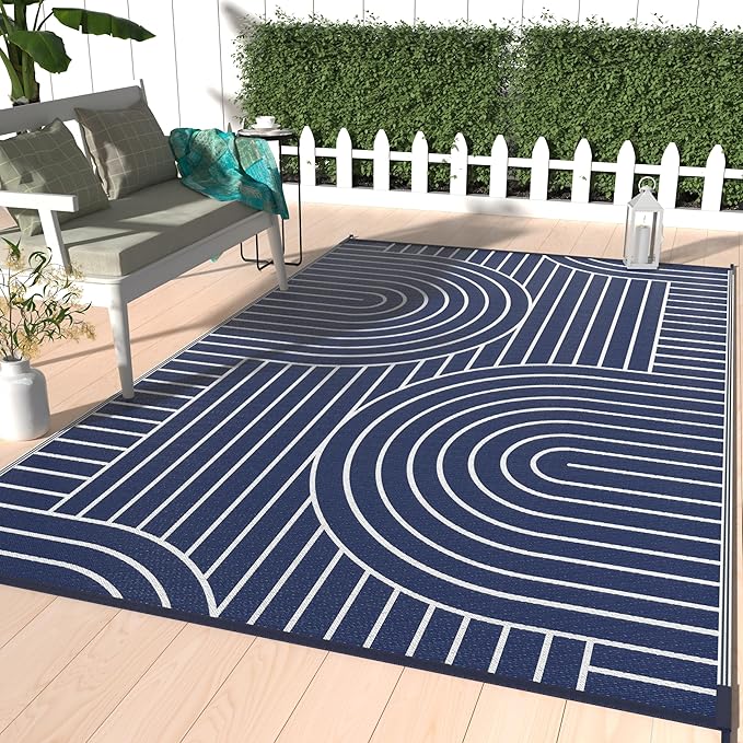 GENIMO Outdoor Rug 6'x9' Patio Waterproof, Lightweight Outdoor Plastic Straw Rug Clearance, Reversible Camping Mat Outdoor Carpet for RV, Picnic, Backyard, Deck, Balcony, Porch, Blue & White
