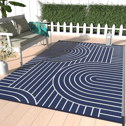 GENIMO Outdoor Rug 6'x9' Patio Waterproof, Lightweight Outdoor Plastic Straw Rug Clearance, Reversible Camping Mat Outdoor Carpet for RV, Picnic, Backyard, Deck, Balcony, Porch, Blue & White