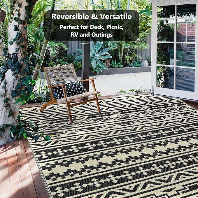 Outdoor Plastic Straw Rug, Waterproof Outdoor Rugs for Patios Clearance, Reversible Area Rug, Large Outside Carpet for Camping, Balcony, RV, Deck, Picnic, Beach 6x9ft Geometric Boho Black&Brown
