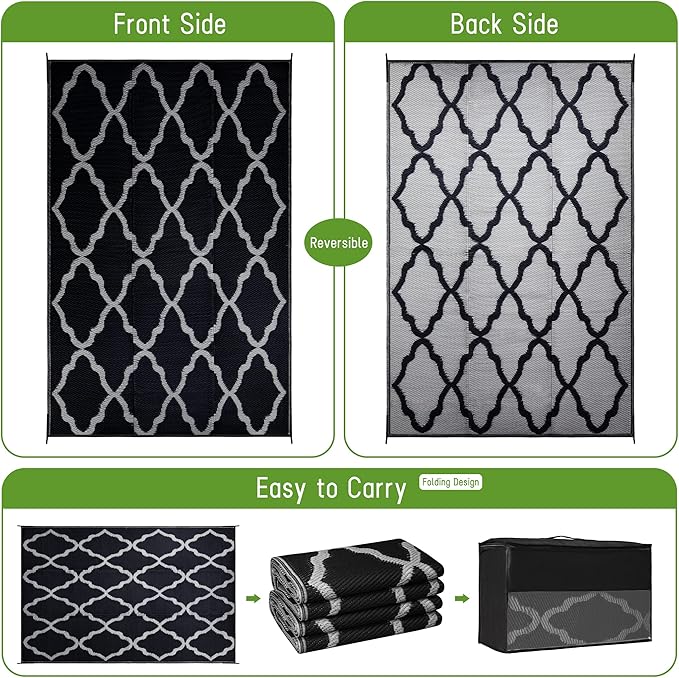 Easy-Going Reversible Outdoor Rugs 9x12ft Waterproof Plastic Straw Rug Stain & UV Resistant Floor Mat for Patio Porch RV Backyard Pool Deck Picnic Beach Trailer Camping (Moroccan Black & Light Grey)