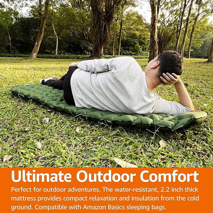 Amazon Basics Camping Sleeping Pad with Quick-Inflate Foot Pump, Water Resistant, Ultralight, Olive Green