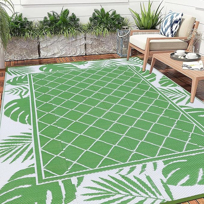 Ileading Outdoor Rug Carpet for Patio 6' x9' Waterproof Reversible Plastic Straw Rug Portable Outside Area Rug Camping Mat for Patio, Clearance, Balcony, Picnic, Pool, Beach, RV, Deck, Leaf Green