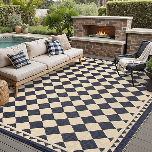 Outdoor Rug for Patios Clearance,Waterproof Mat,Large Outside Carpet,Reversible Plastic Straw Camping Rugs,Rv,Porch,Deck,Camper,Balcony,Backyard (9x12,Checkered/Black&Beige)
