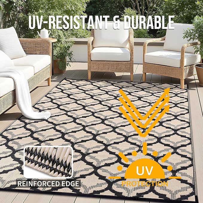 OLANLY Reversible Outdoor Rug 6x9 ft Clearance, Waterproof Outdoor Plastic Straw Rug with Interlacing Pattern, RV Mat for Patio, Camping, Balcony, Deck, Backyard, Black & Beige