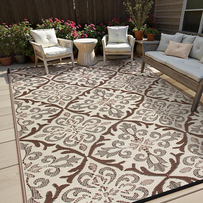 Lahome Outdoor Area Rugs 8x10 Patio Waterproof, Reversible Plastic Straw Rv Outdoor Rugs for Camping, Large Indoor Outdoor Carpet for Porch Deck Backyard Camper Picnic, Khaki 8'x10'