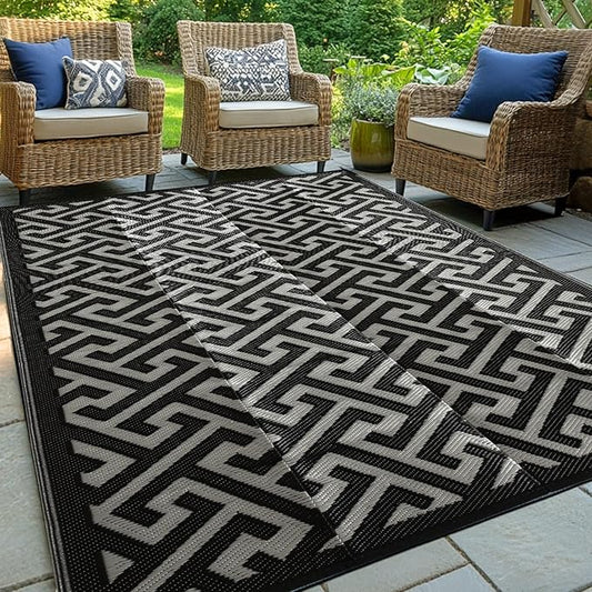 Waterproof Outdoor Rug 5x8 ft, Reversible Plastic Straw Rug, Easy to Clean Patio Rug, Portable Carpet for Patio, RV, Deck, Balcony, Backyard, Picnic, Beach, I-Shaped, Black