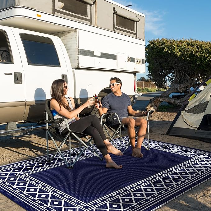 GENIMO Outdoor Rug Waterproof for Patio Decor, 8'x10' Foldable Reversible Plastic Straw Carpet for Travel Trailers, Outside Area Mat for Rv, Deck, Picnic, Porch, Camper, Balcony, Beach, Blue & White