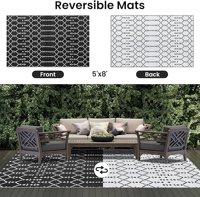 Smiry Outdoor Rug 5x8 ft, Waterproof Reversible Plastic Straw Rugs, Boho Outdoor Area Rug, Outside Floor Mat for Patio, Backyard, Deck, Picnic, Beach, Camping, Black