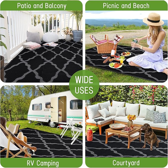 Easy-Going Reversible Outdoor Rugs 9x12ft Waterproof Plastic Straw Rug Stain & UV Resistant Floor Mat for Patio Porch RV Backyard Pool Deck Picnic Beach Trailer Camping (Moroccan Black & Grey)