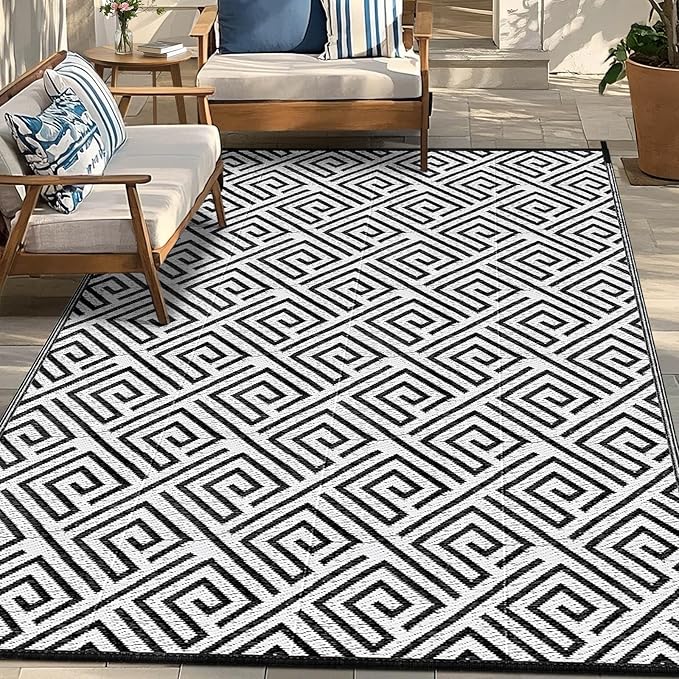 Outdoor Patio Plastic Straw Rug - 5'x8' Outdoor Camping Rug Waterproof Reversible, Area Carpet Patios Clearance RV, Outside Porch Balcony Deck for Camper, Stripe Black & White