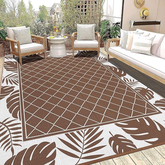 Ileading Outdoor Rug Carpet for Patio 8'x10' Waterproof Reversible Plastic Straw Rug Portable Outside Area Rug Camping Mat for Patio, Clearance, Balcony, Picnic, Pool, Beach, RV, Deck, Brown