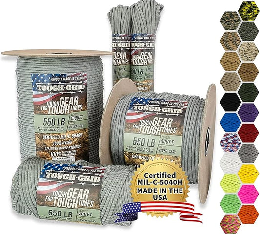 TOUGH-GRID Premium 550lb Paracord Rope - 100Ft White - 100% Nylon Type III Mil-Spec - UV & Abrasion Resistant - Heavy Duty Strands - Outdoor Survival Rope - Used by US Military - Made in USA