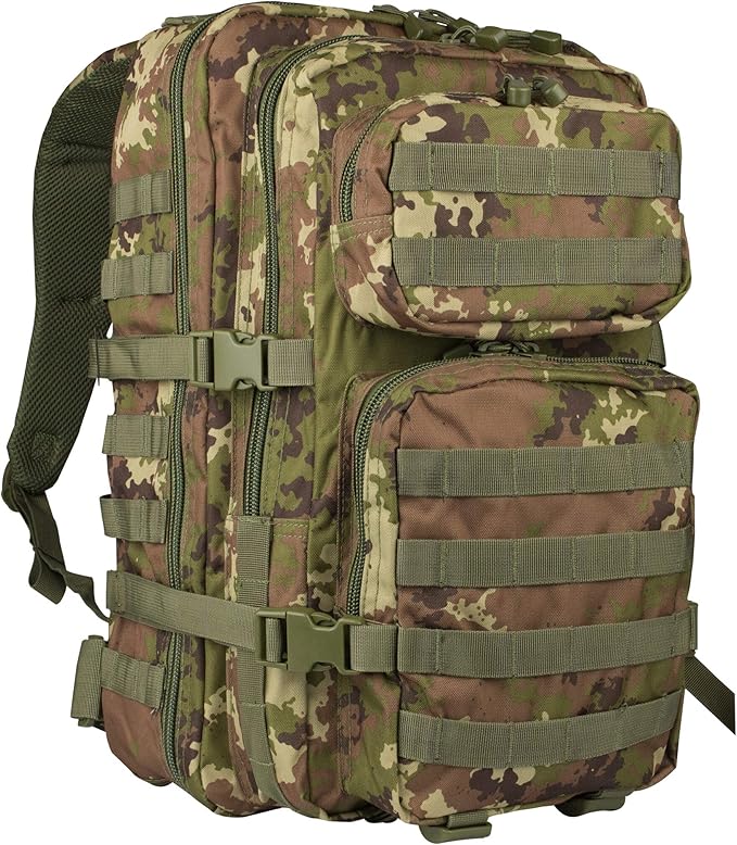 Mil-Tec Unisex Assault Pack - Rugged Durable Lightweight Ergonomic Versatile Tactical Outdoor Camping Hiking Backpack with Adjustable Padded Shoulder Straps & MOLLE Loops, Vegetato Woodland Camo, 20L