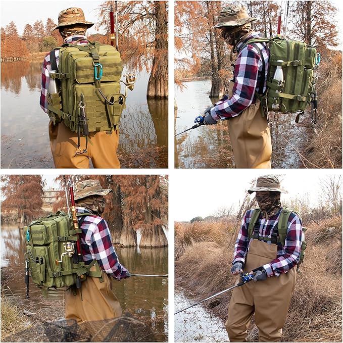 45l Large Fishing Tackle Backpack with Removable Plier Holder & Rod Holders, Green Tactical Bag, Fishing Gear and Tackle Box Organizer, Hiking Rucksack without Tackle Box
