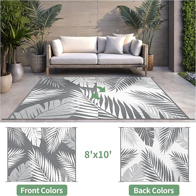 Outdoor Rug 8' x 10' for Patio Waterproof Clearance, Reversible Indoor Outdoor Plastic Straw Camping Rug Carpet, RV Mat, Large Area Rug for Deck, Backyard, Balcony, Porch, Beach,Grey and White