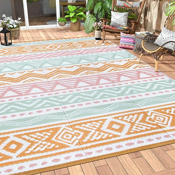 Lahome Outdoor Rug 8x10 Patio Waterproof, Reversible Outdoor Plastic Straw Rug for Camping, Large RV Outdoor Rugs Outside, Outdoor Carpet for Porch Deck Backyard Picnic(Pink/Orange,8'x 10')
