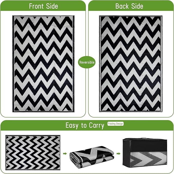 Easy-Going Reversible Outdoor Rugs 4x6ft Waterproof Plastic Straw Rug Stain & UV Resistant Floor Mat for Patio Porch RV Backyard Pool Deck Picnic Beach Trailer Camping (Waved Black & Light Grey)