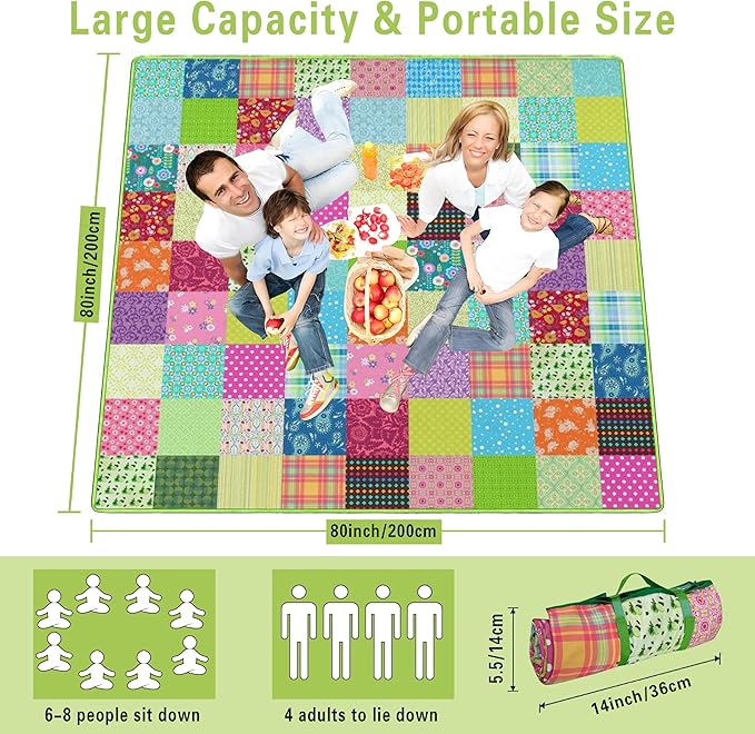 Extra Large Picnic Blankets Waterproof Foldable (80"x 80") Boho Beach Blanket Waterproof Sandproof,3-Layer Thicking Mat Outdoor Packable Camping Blanket