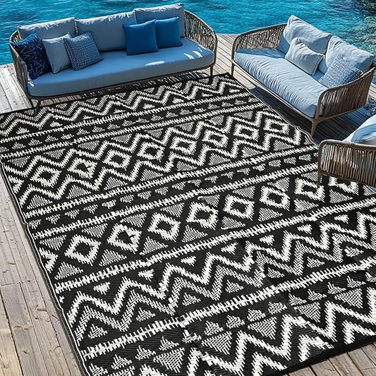 Waterproof Outdoor Rug 8x10 ft, Reversible Plastic Straw Rug, Easy to Clean Patio Rug, Portable Carpet for Patio, RV, Deck, Balcony, Backyard, Picnic, Beach, Geometric Diamond, Gray