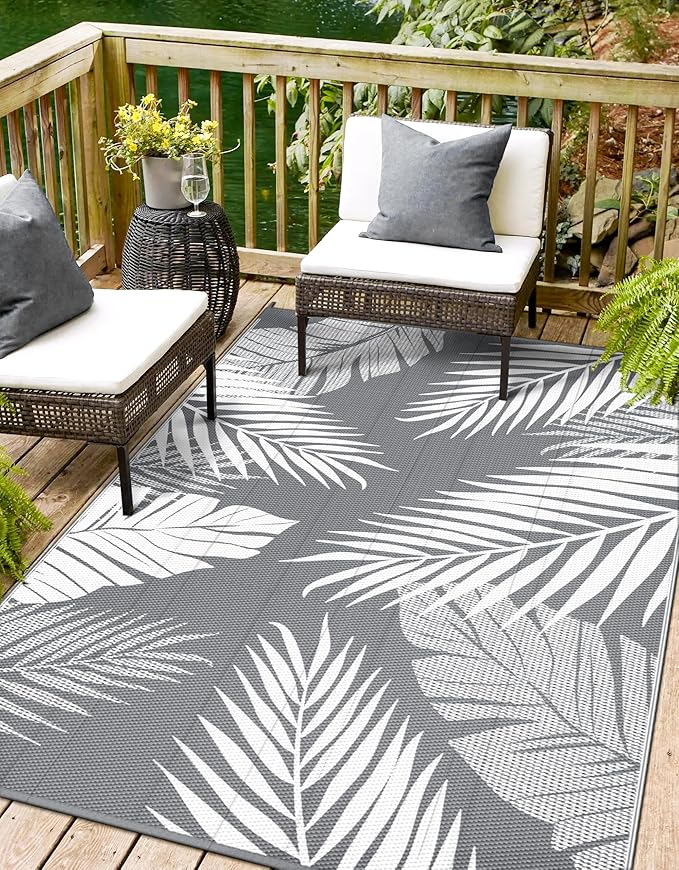 Outdoor Rug 9' x 12' for Patio Waterproof Clearance, Reversible Indoor Outdoor Plastic Straw Camping Rug Carpet, RV Mat, Large Area Rug for Deck, Backyard, Balcony, Porch, Beach,Grey and White